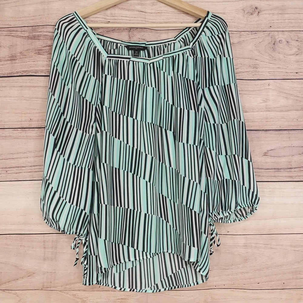 Banana Republic Blouse‎ Womens XS Green Striped Boat Neck 3/4 Sleeve Drawstring
